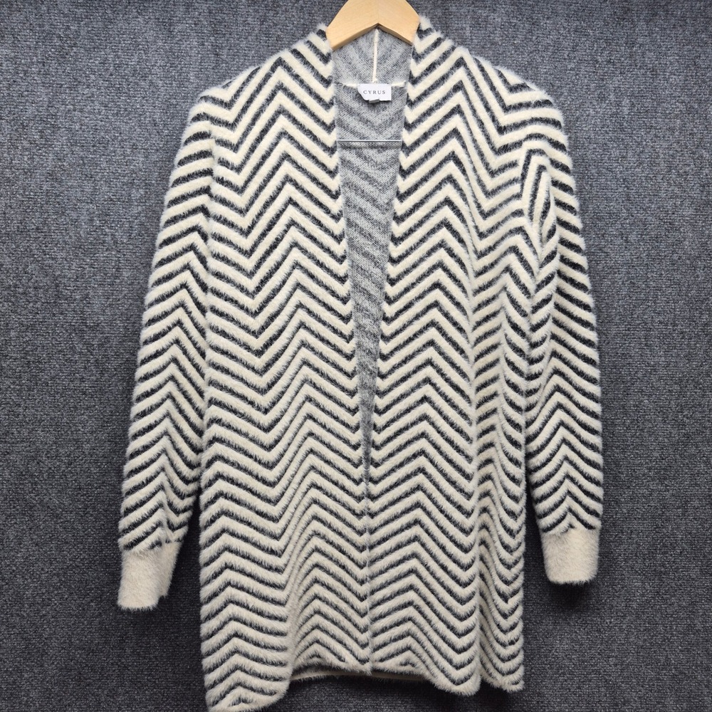 Cyrus Womens Black White Chevron Eyelash Knit Longline Cardigan Sweater Medium
